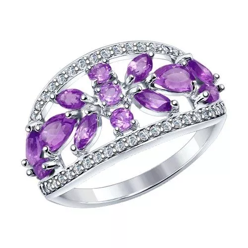 Кольцо из серебра с аметистами и фианитами