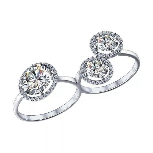 Кольцо на два пальца из серебра с фианитами