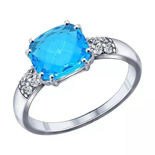 Кольцо из серебра с голубой стеклянной вставкой и фианитами