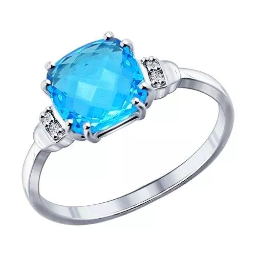 Кольцо из серебра с голубой стеклянной вставкой и фианитами