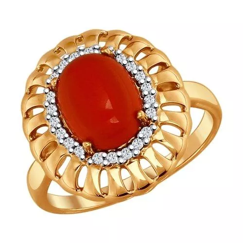 Кольцо из золочёного серебра с красным кораллом и фианитами