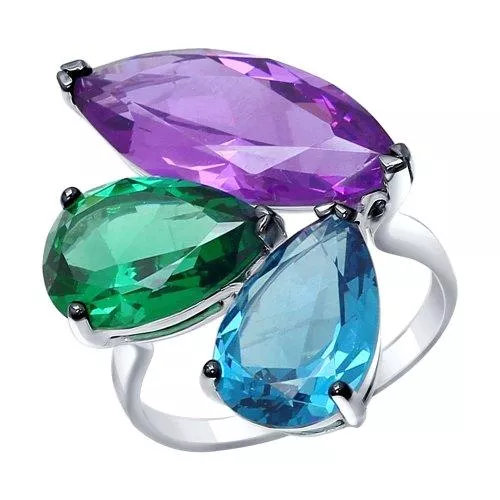 Кольцо из серебра с сиреневым, зелёным и синим ситаллами