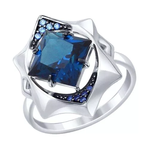 Кольцо из серебра с синим ситаллом и фианитами