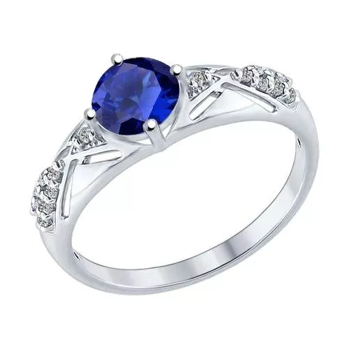 Кольцо из серебра с бесцветными и синим фианитами
