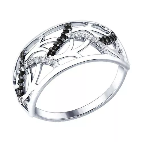 Кольцо из серебра с бесцветными и чёрными фианитами