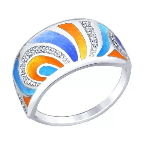 Кольцо из серебра с эмалью с фианитами