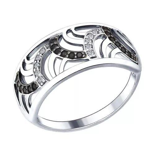 Кольцо из серебра с бесцветными и чёрными фианитами