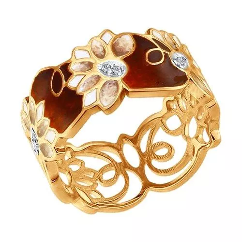 Кольцо из золочёного серебра с эмалью с фианитами