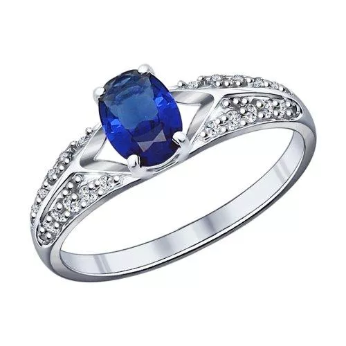 Кольцо из серебра с корундом сапфировым (синт.) и фианитами