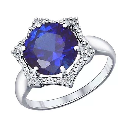 Кольцо из серебра с сапфиром (синт.) и фианитами