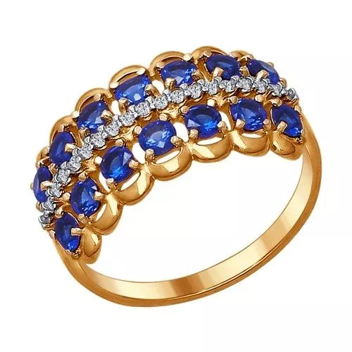Кольцо из золочёного серебра с бесцветными и синими фианитами