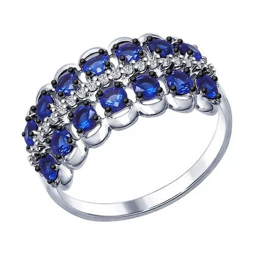 Кольцо из серебра с бесцветными и синими фианитами