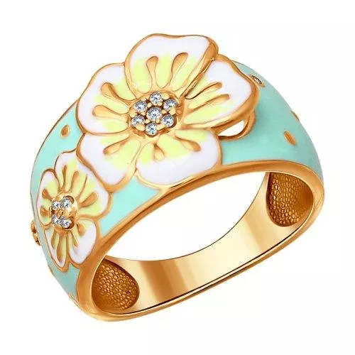 Кольцо из золочёного серебра с эмалью с фианитами