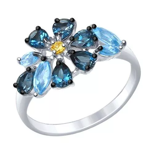 Кольцо из серебра с голубыми и синими топазами и жёлтым фианитом