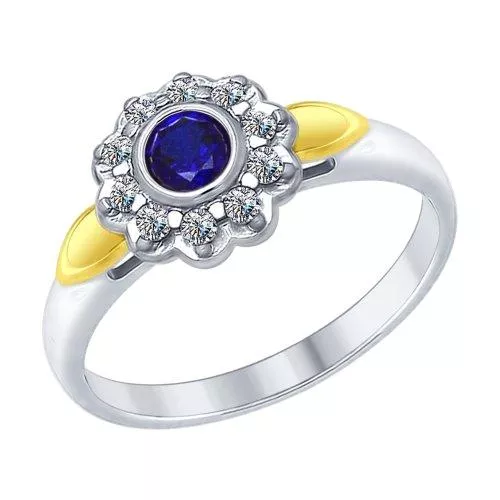 Кольцо из серебра с синим корундом (синт.) и фианитами