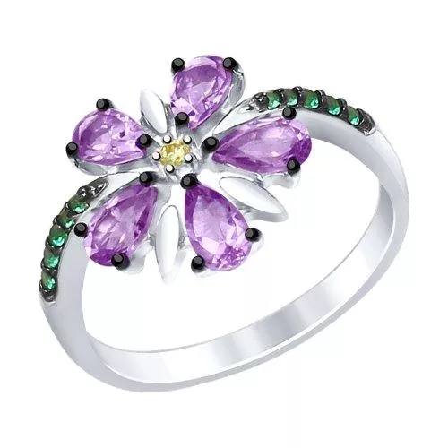 Кольцо из серебра с аметистами и жёлтым и зелеными фианитами