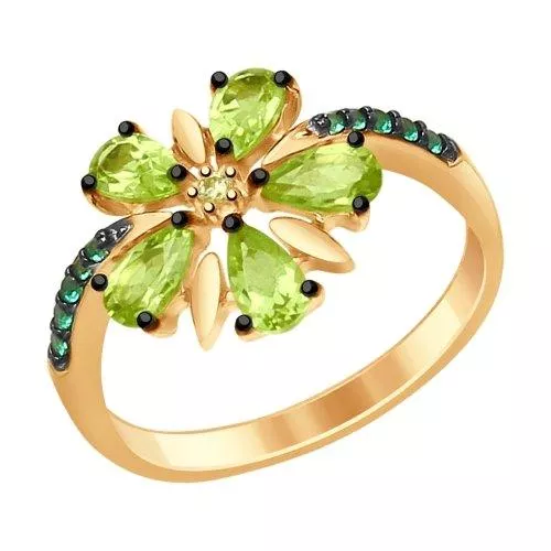 Кольцо из золочёного серебра с хризолитами и жёлтым и зелеными фианитами