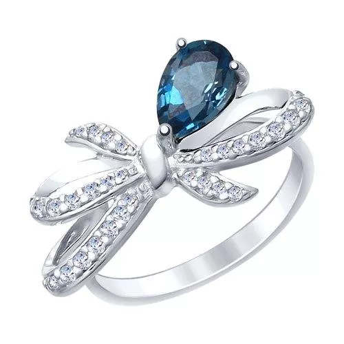 Кольцо из серебра с синим топазом и фианитами
