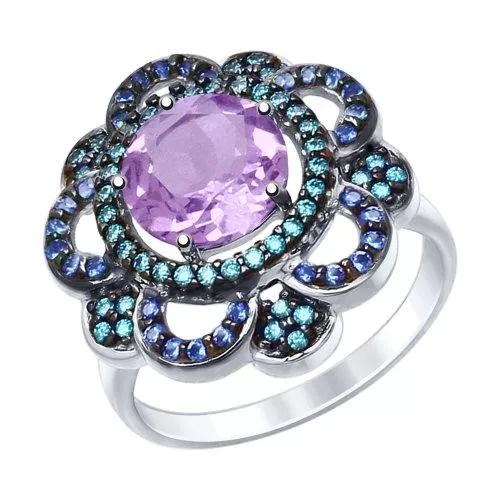 Кольцо из серебра с аметистом и зелеными и синими фианитами
