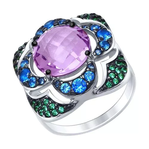 Кольцо из серебра с аметистом и голубыми и зелеными фианитами