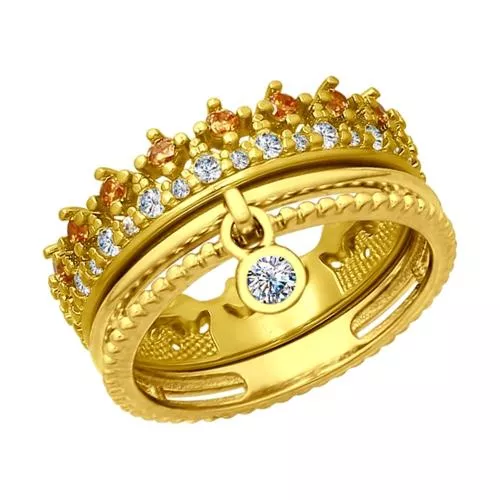 Кольцо из золочёного серебра с бесцветными и жёлтыми фианитами