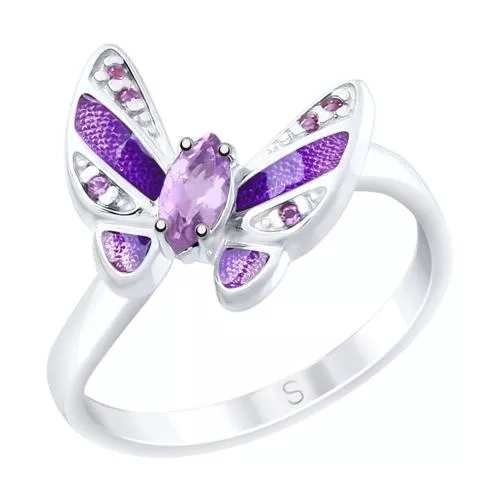 Кольцо из серебра с эмалью и аметистом и фианитами