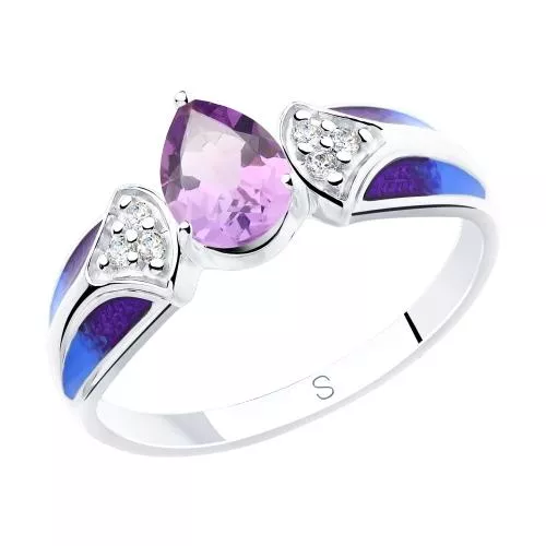 Кольцо из серебра с эмалью и аметистом и фианитами