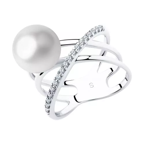 Кольцо из серебра с жемчугом и фианитами