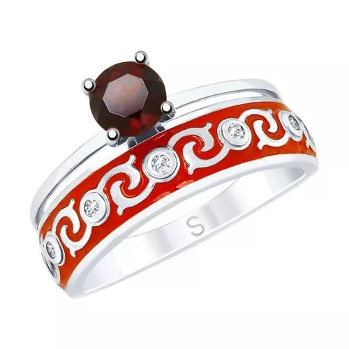 Кольцо из серебра с эмалью и гранатом и фианитами