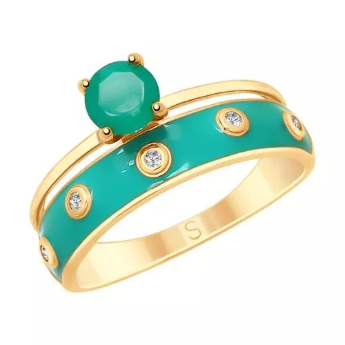 Кольцо из золочёного серебра с эмалью и агатом и фианитами