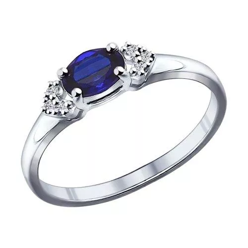 Кольцо из серебра с корундом сапфировым (синт.) и фианитами