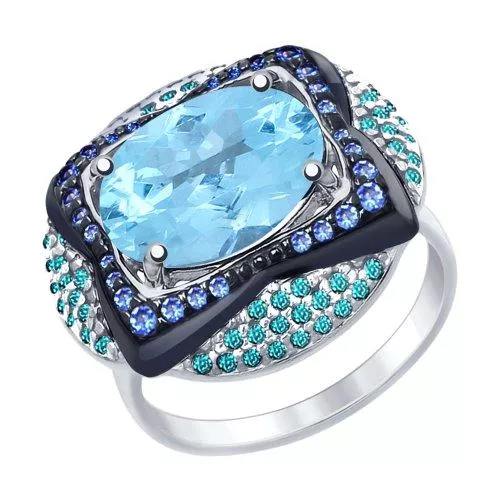 Кольцо из серебра с топазом и зелеными и синими фианитами