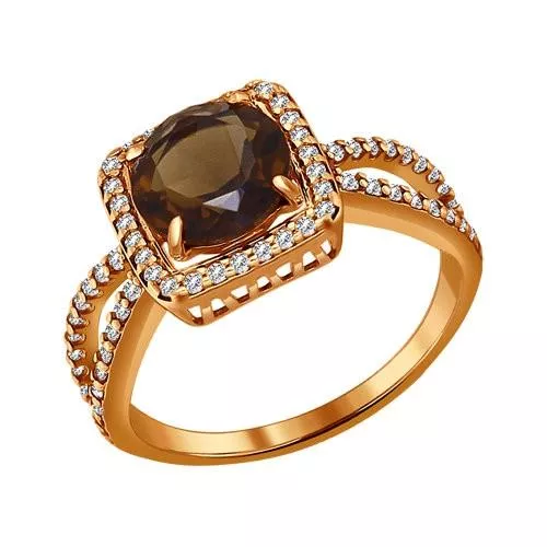 Кольцо из золочёного серебра с раухтопазом и фианитами