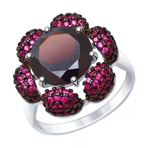Кольцо из серебра с гранатом и красными фианитами