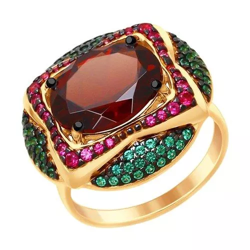 Кольцо из золочёного серебра с гранатом и зелеными и красными фианитами
