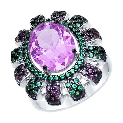 Кольцо из серебра с аметистом и зелеными и сиреневыми фианитами