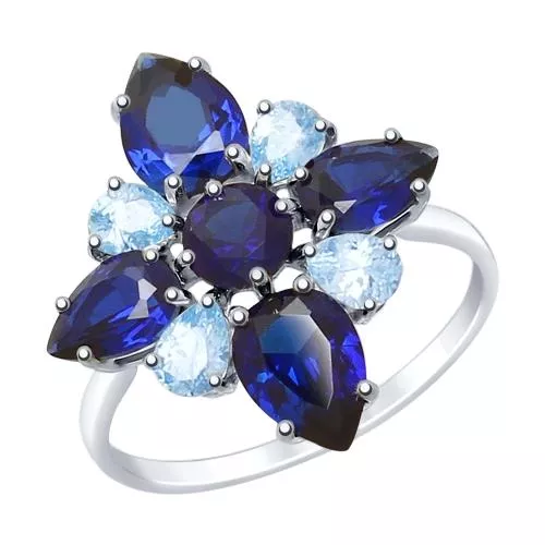 Кольцо из серебра с топазами и синими корундами