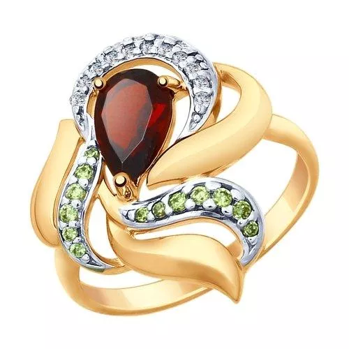 Кольцо из золочёного серебра с гранатом и бесцветными и зелеными фианитами