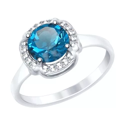 Кольцо из серебра с синим топазом и фианитами