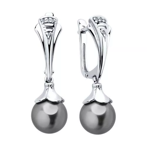 Серьги из серебра с чёрными жемчужинами Swarovski и фианитами