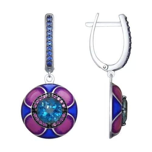 Серьги из серебра с эмалью и синими ситаллами и фианитами
