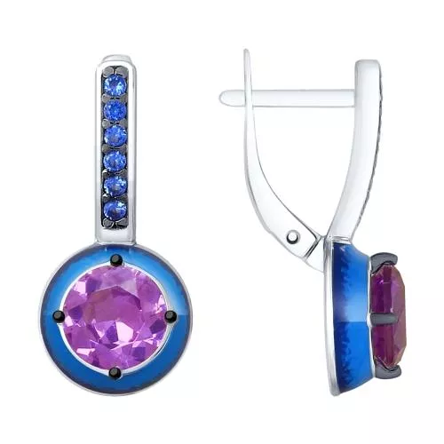 Серьги из серебра с эмалью и сиреневыми ситаллами и фианитами