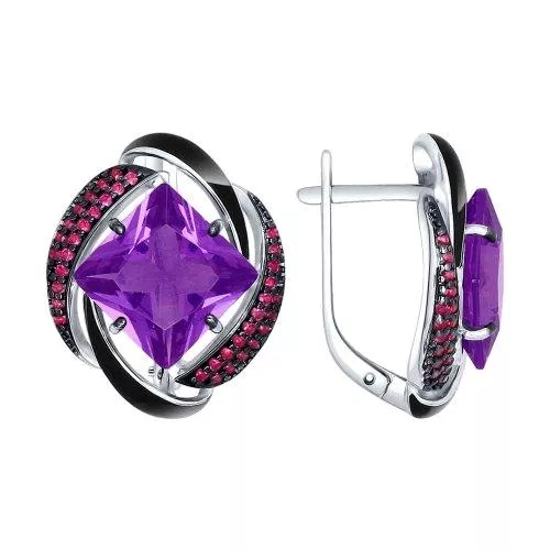 Серьги из серебра с эмалью с сиреневыми ситаллами и красными фианитами