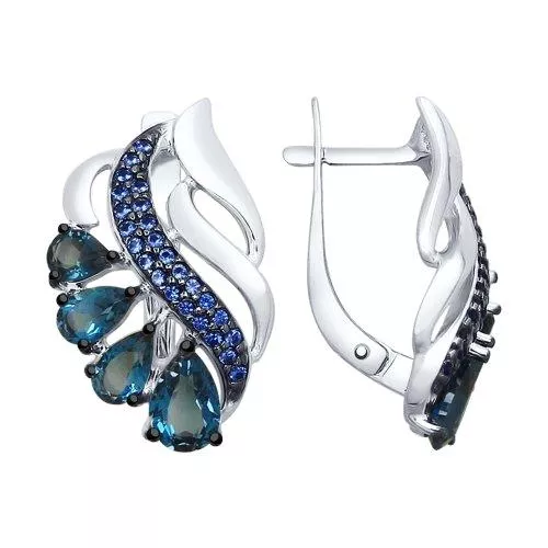 Серьги из серебра с синими топазами и синими фианитами