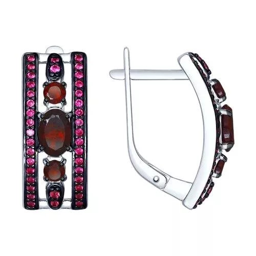 Серьги из серебра с гранатами и красными фианитами