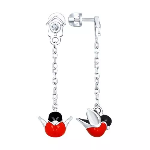 Серьги-цепочки со снегирями