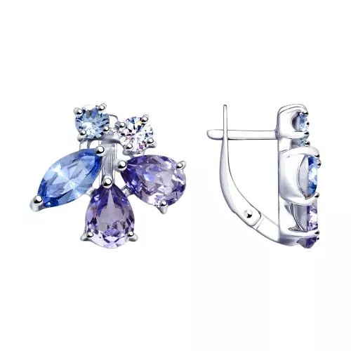 Серьги из серебра с синими и сиреневыми кристаллами Swarovski