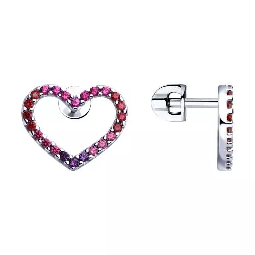 Серьги из серебра с красными корунд (синт.) и фианитами