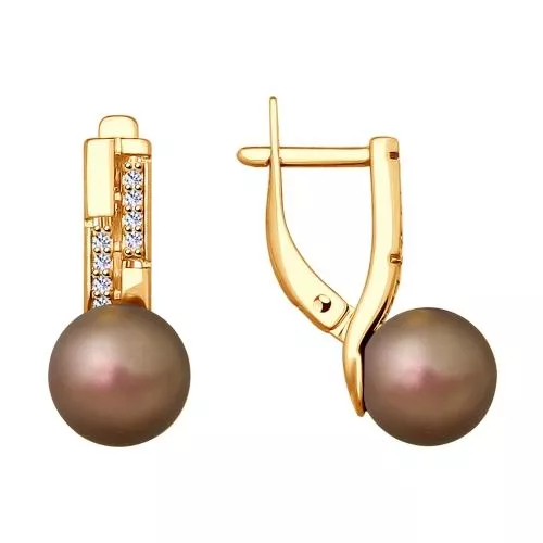 Серьги из золочёного серебра с коричневым жемчугом Swarovski и фианитами