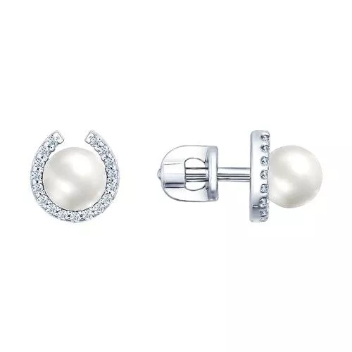 Серьги-пусеты из серебра с жемчугом и фианитами